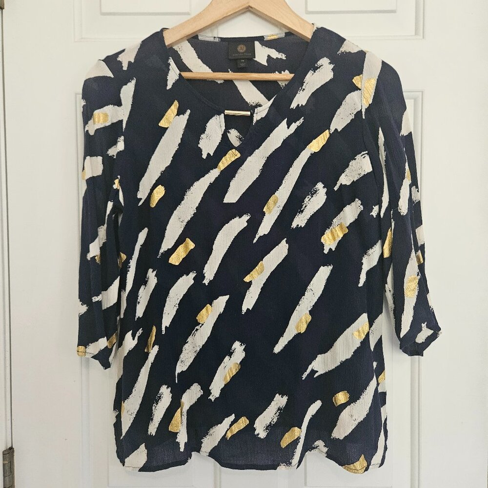 JM COLLECTION Key hole Top Women's Navy White Gold Tunic Size Petite M
